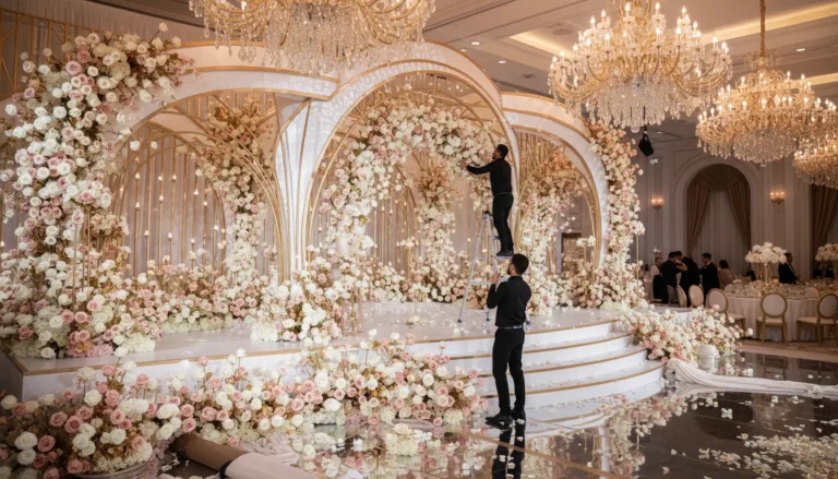 Best Luxury Wedding Planner in Dubai, Luxury event planning services for unforgettable celebrations in Dubai & UAE. | Luxury elegent floral wedding stage in dubai working on wedding stage dubai