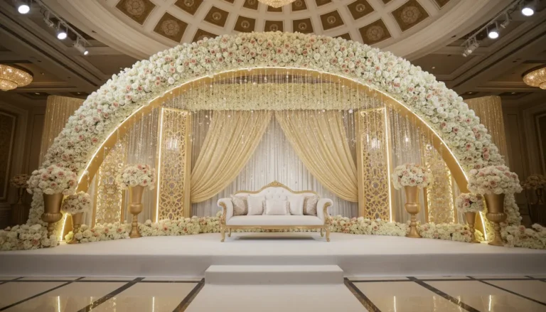 Best Luxury Wedding Planner in Dubai, Luxury event planning services for unforgettable celebrations in Dubai & UAE. | Luxury golden wedding stage decoraion in dubai wedding arch decoration in dubai by tsameem events
