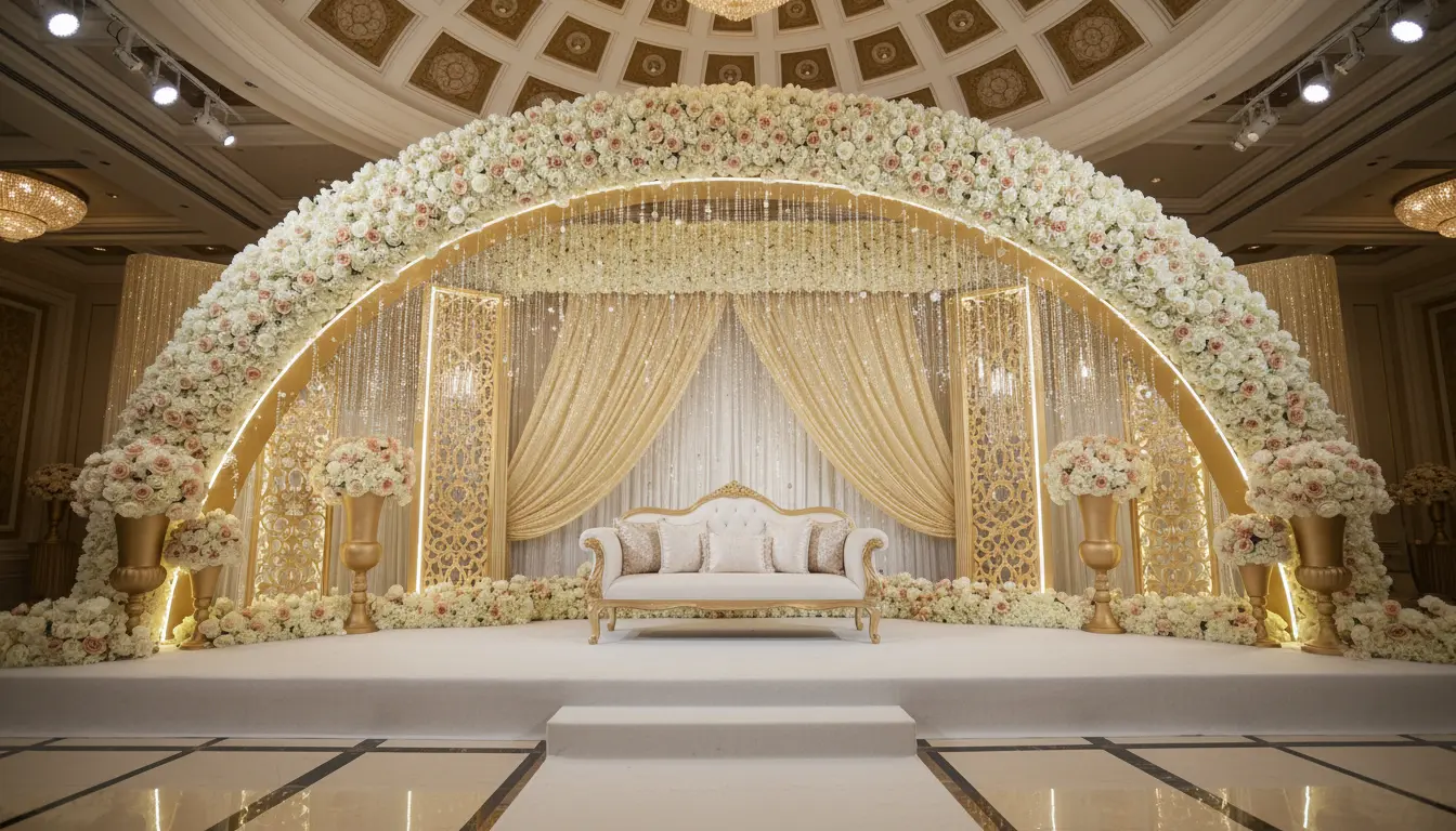 Best Luxury Wedding Planner in Dubai, Luxury event planning services for unforgettable celebrations in Dubai & UAE. | Luxury golden wedding stage decoraion in dubai wedding arch decoration in dubai by tsameem events