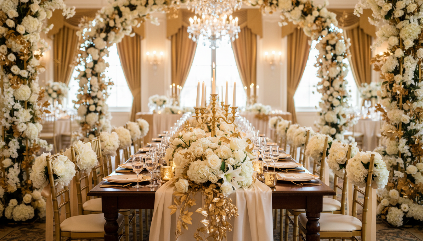A photo of elegant gold white wedding reception in dubai decoraction by tsameem events dubai