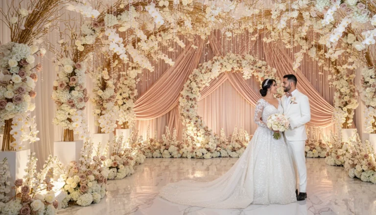 Best Luxury Wedding Planner in Dubai, Luxury event planning services for unforgettable celebrations in Dubai & UAE. | elegant indoor wedding ceremony decor floral backdrop white tuxedo