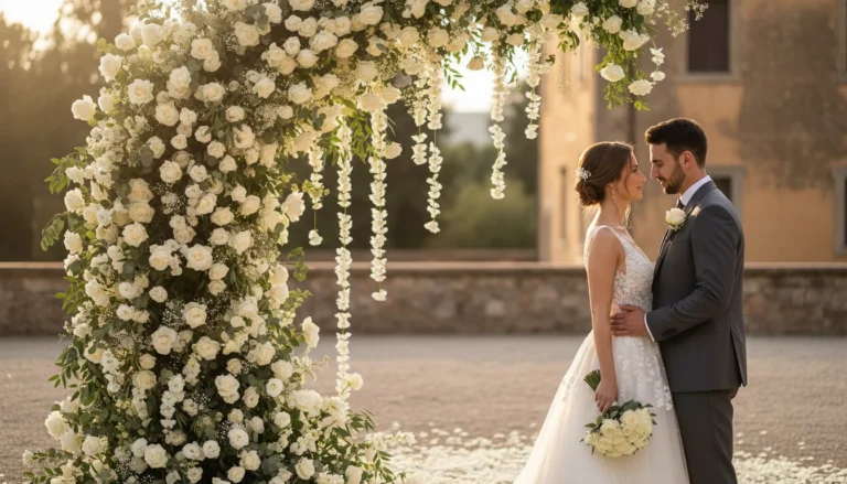 Best Luxury Wedding Planner in Dubai, Luxury event planning services for unforgettable celebrations in Dubai & UAE. | elegant wedding couple white rose arch
