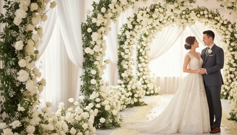 Best Luxury Wedding Planner in Dubai, Luxury event planning services for unforgettable celebrations in Dubai & UAE. | elegant wedding couple white rose floral arches