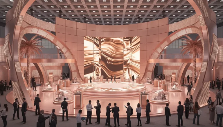 Best Luxury Wedding Planner in Dubai, Luxury event planning services for unforgettable celebrations in Dubai & UAE. | futuristic rose gold exhibition showroom design 1