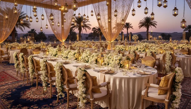 Best Luxury Wedding Planner in Dubai, Luxury event planning services for unforgettable celebrations in Dubai & UAE. | luxurious desert wedding reception decor with lanterns and flowers