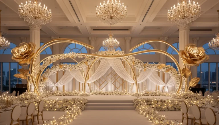 Best Luxury Wedding Planner in Dubai, Luxury event planning services for unforgettable celebrations in Dubai & UAE. | luxurious gold and white wedding stage decoration