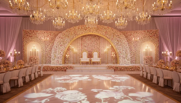 Best Luxury Wedding Planner in Dubai, Luxury event planning services for unforgettable celebrations in Dubai & UAE. | luxurious wedding reception stage floral decor chandeliers
