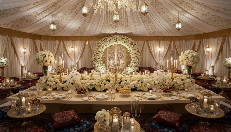 Best Luxury Wedding Planner in Dubai, Luxury event planning services for unforgettable celebrations in Dubai & UAE. | luxurious white floral wedding reception decor