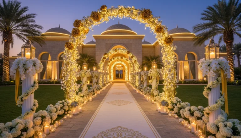 Best Luxury Wedding Planner in Dubai, Luxury event planning services for unforgettable celebrations in Dubai & UAE. | luxury arabic wedding aisle decoration golden floral arches