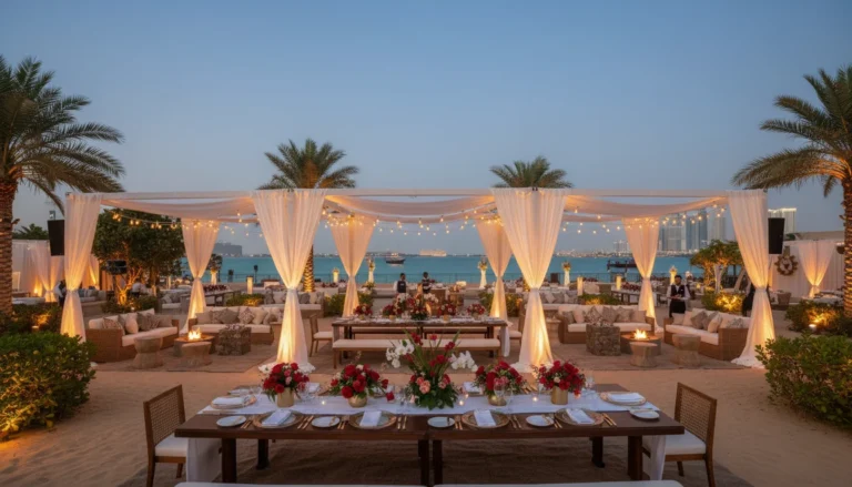 Best Luxury Wedding Planner in Dubai, Luxury event planning services for unforgettable celebrations in Dubai & UAE. | luxury beachfront event setup with canopy and city view
