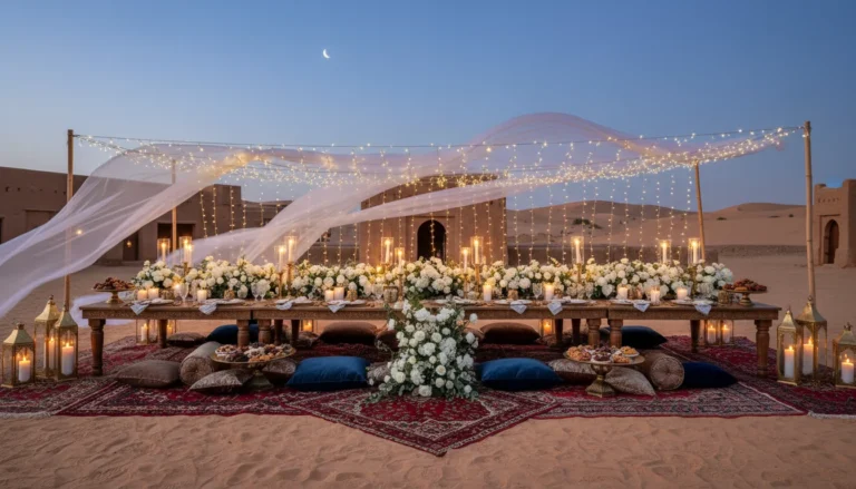 Best Luxury Wedding Planner in Dubai, Luxury event planning services for unforgettable celebrations in Dubai & UAE. | luxury desert dining setup at night