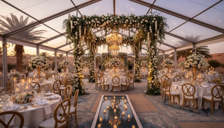 Best Luxury Wedding Planner in Dubai, Luxury event planning services for unforgettable celebrations in Dubai & UAE. | luxury desert wedding reception clear marquee floral decor