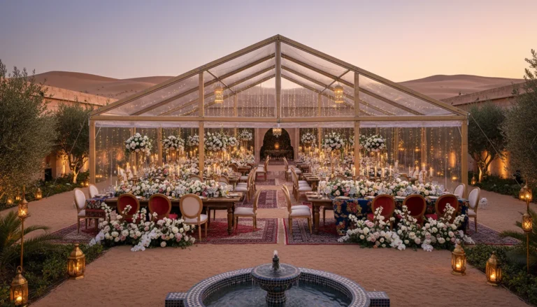Best Luxury Wedding Planner in Dubai, Luxury event planning services for unforgettable celebrations in Dubai & UAE. | luxury desert wedding reception clear tent decor