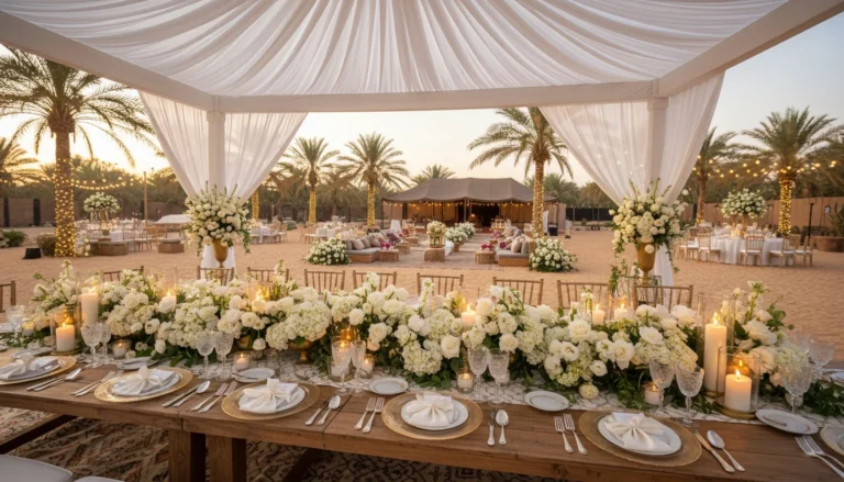Best Luxury Wedding Planner in Dubai, Luxury event planning services for unforgettable celebrations in Dubai & UAE. | luxury desert wedding reception decor white flowers