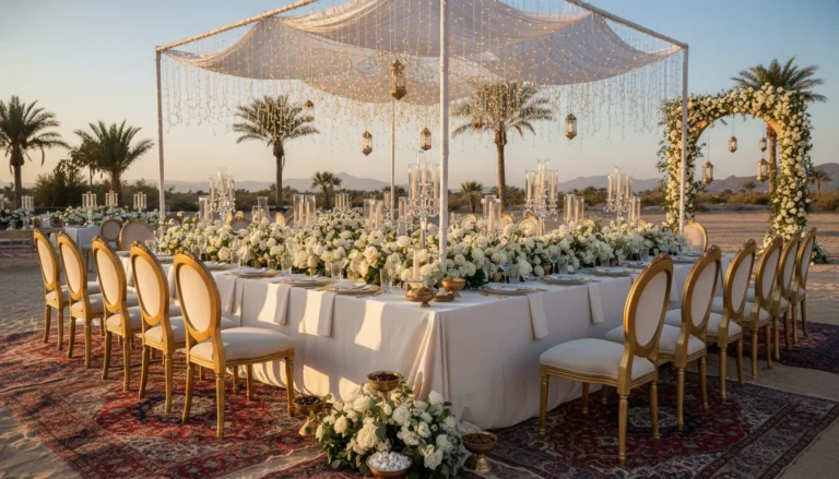 Best Luxury Wedding Planner in Dubai, Luxury event planning services for unforgettable celebrations in Dubai & UAE. | luxury desert wedding reception table setup