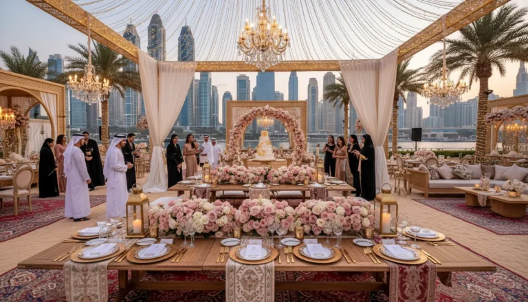Best Luxury Wedding Planner in Dubai, Luxury event planning services for unforgettable celebrations in Dubai & UAE. | luxury dubai outdoor wedding reception skyline decor