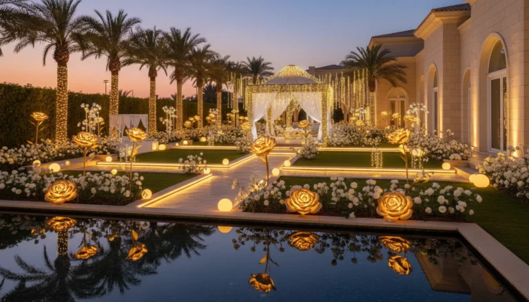Best Luxury Wedding Planner in Dubai, Luxury event planning services for unforgettable celebrations in Dubai & UAE. | luxury garden wedding decor fairy lights palm trees
