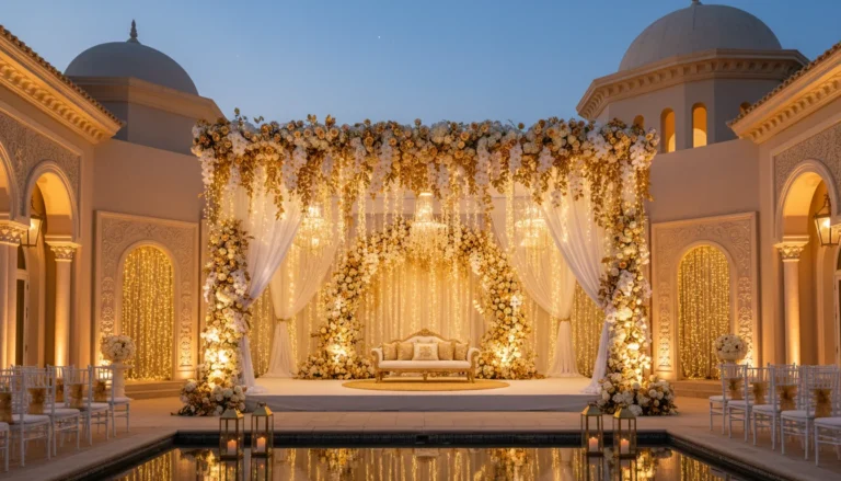 Best Luxury Wedding Planner in Dubai, Luxury event planning services for unforgettable celebrations in Dubai & UAE. | luxury gold white outdoor wedding stage decor