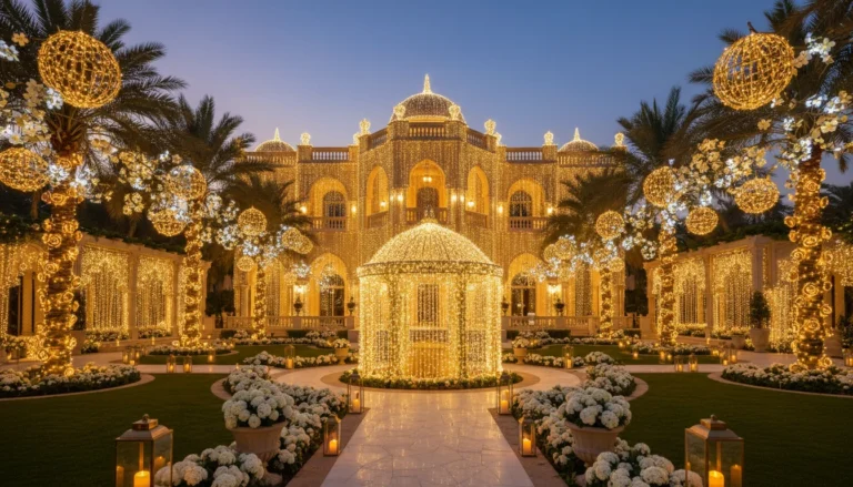 Best Luxury Wedding Planner in Dubai, Luxury event planning services for unforgettable celebrations in Dubai & UAE. | luxury mansion golden festive light decorations garden