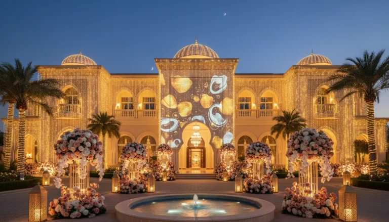 Best Luxury Wedding Planner in Dubai, Luxury event planning services for unforgettable celebrations in Dubai & UAE. | luxury mansion night illumination grand event decor