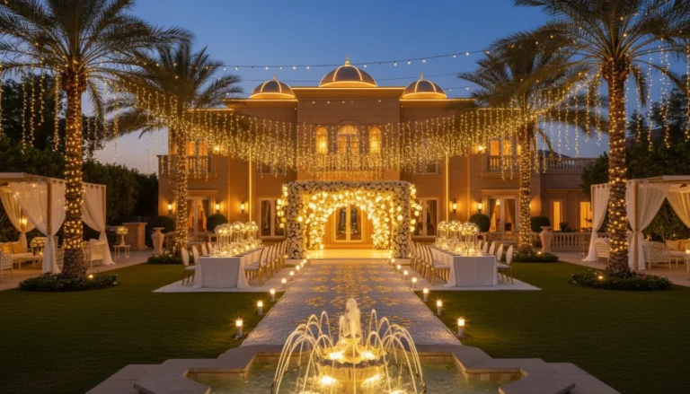 Best Luxury Wedding Planner in Dubai, Luxury event planning services for unforgettable celebrations in Dubai & UAE. | luxury mansion wedding reception outdoor lighting