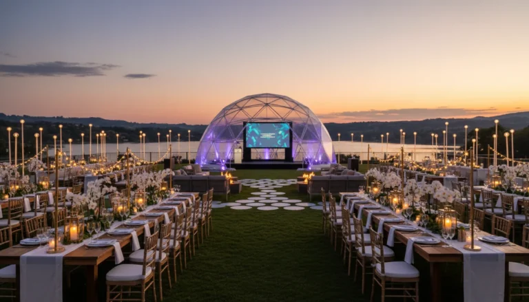 Best Luxury Wedding Planner in Dubai, Luxury event planning services for unforgettable celebrations in Dubai & UAE. | luxury outdoor dinner party geodesic dome sunset