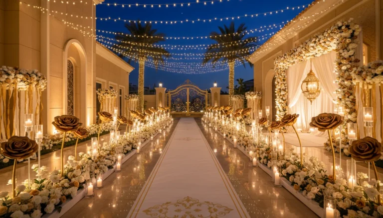 Best Luxury Wedding Planner in Dubai, Luxury event planning services for unforgettable celebrations in Dubai & UAE. | luxury outdoor wedding aisle gold white decor night