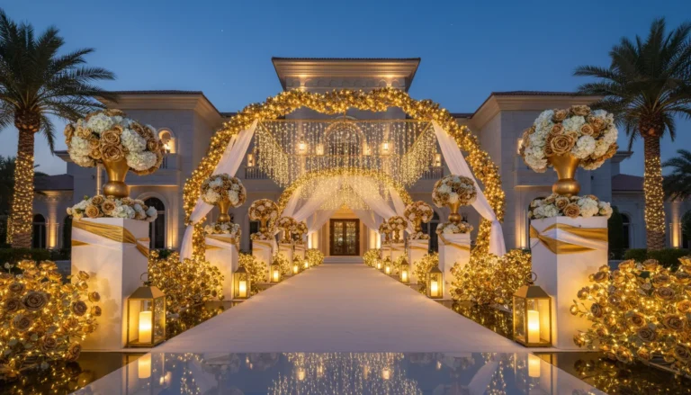Best Luxury Wedding Planner in Dubai, Luxury event planning services for unforgettable celebrations in Dubai & UAE. | luxury outdoor wedding entrance mansion gold decor