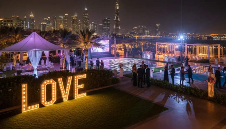 Best Luxury Wedding Planner in Dubai, Luxury event planning services for unforgettable celebrations in Dubai & UAE. | luxury outdoor wedding event dubai skyline