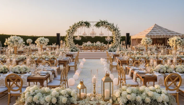 Best Luxury Wedding Planner in Dubai, Luxury event planning services for unforgettable celebrations in Dubai & UAE. | luxury outdoor wedding reception decor white gold