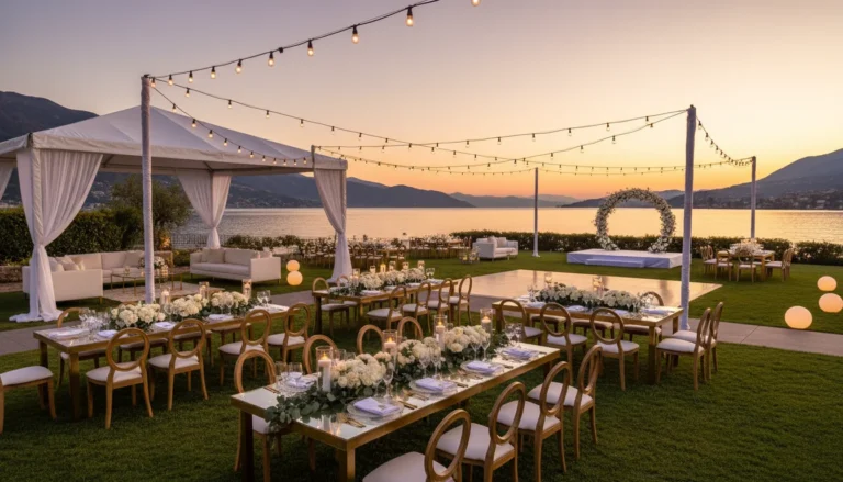 Best Luxury Wedding Planner in Dubai, Luxury event planning services for unforgettable celebrations in Dubai & UAE. | luxury outdoor wedding reception lakefront sunset