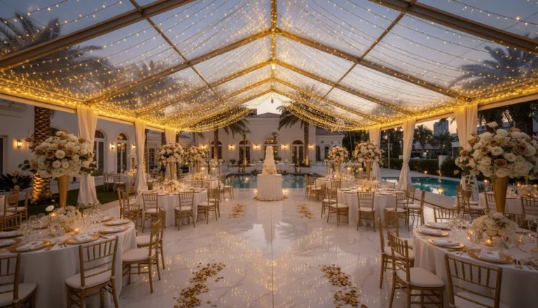 Best Luxury Wedding Planner in Dubai, Luxury event planning services for unforgettable celebrations in Dubai & UAE. | luxury outdoor wedding reception marquee tent fairy lights