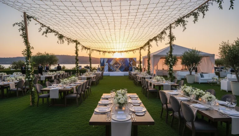 Best Luxury Wedding Planner in Dubai, Luxury event planning services for unforgettable celebrations in Dubai & UAE. | luxury outdoor wedding reception sunset lakeview