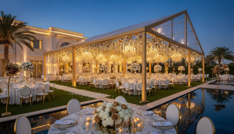 Best Luxury Wedding Planner in Dubai, Luxury event planning services for unforgettable celebrations in Dubai & UAE. | luxury outdoor wedding reception tent chandeliers