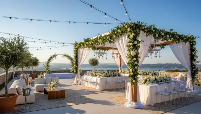 Best Luxury Wedding Planner in Dubai, Luxury event planning services for unforgettable celebrations in Dubai & UAE. | luxury outdoor wedding reception terrace lake view