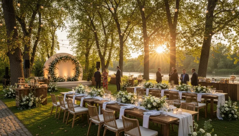 Best Luxury Wedding Planner in Dubai, Luxury event planning services for unforgettable celebrations in Dubai & UAE. | luxury riverside outdoor wedding reception sunset
