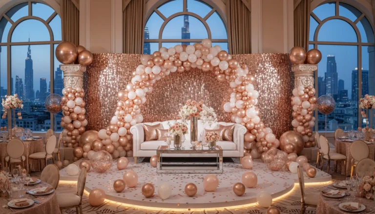Best Luxury Wedding Planner in Dubai, Luxury event planning services for unforgettable celebrations in Dubai & UAE. | luxury rose gold wedding decor dubai skyline