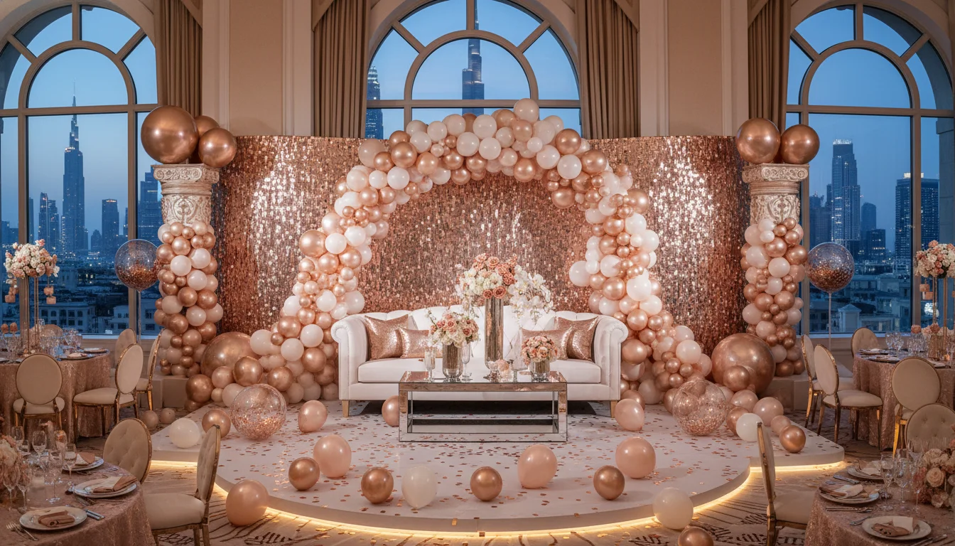 Best Luxury Wedding Planner in Dubai, Luxury event planning services for unforgettable celebrations in Dubai & UAE. | luxury rose gold wedding decor dubai skyline
