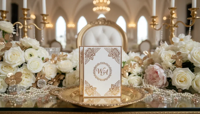 Best Luxury Wedding Planner in Dubai, Luxury event planning services for unforgettable celebrations in Dubai & UAE. | luxury wedding invitation gold monogram floral decor