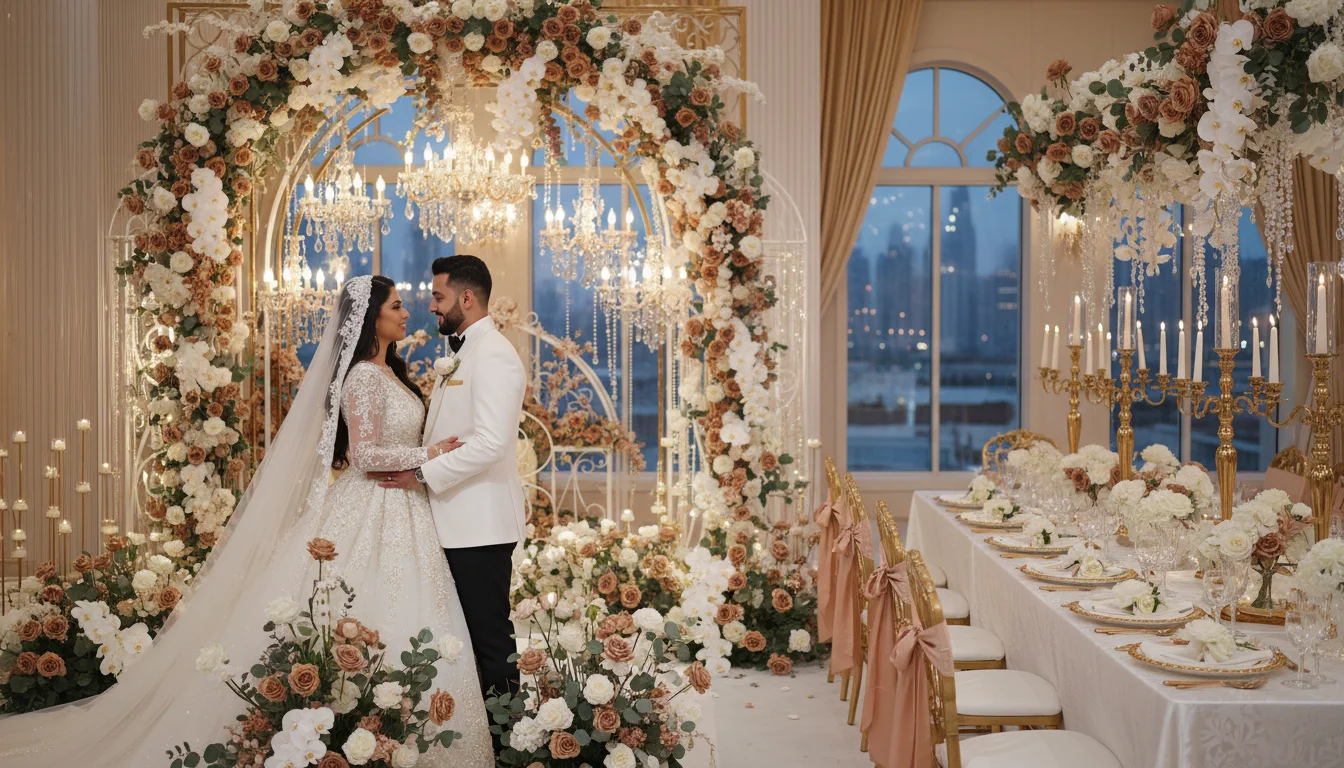 Best Wedding Planner in Dubai 5 luxury-wedding-reception-floral-arch-bride-groom-skyline