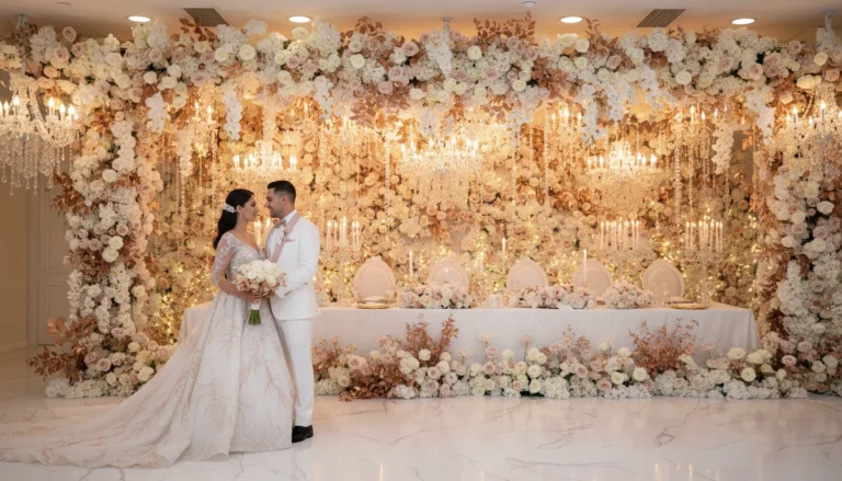 Best Luxury Wedding Planner in Dubai, Luxury event planning services for unforgettable celebrations in Dubai & UAE. | luxury wedding reception floral wall bride groom