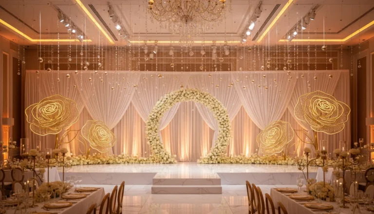Best Luxury Wedding Planner in Dubai, Luxury event planning services for unforgettable celebrations in Dubai & UAE. | luxury wedding stage decor gold white floral arch