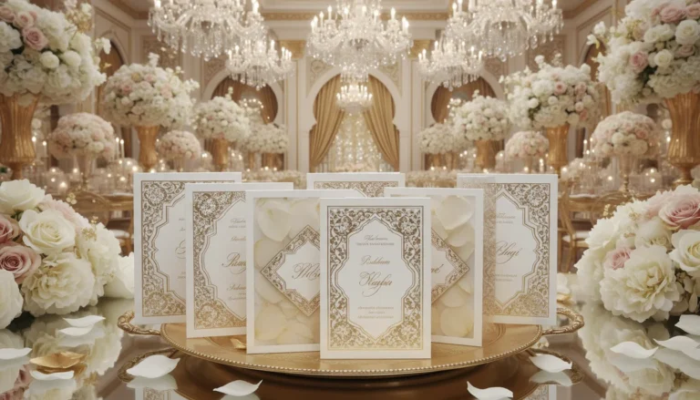 Best Luxury Wedding Planner in Dubai, Luxury event planning services for unforgettable celebrations in Dubai & UAE. | luxury white gold wedding invitation stationery grand ballroom