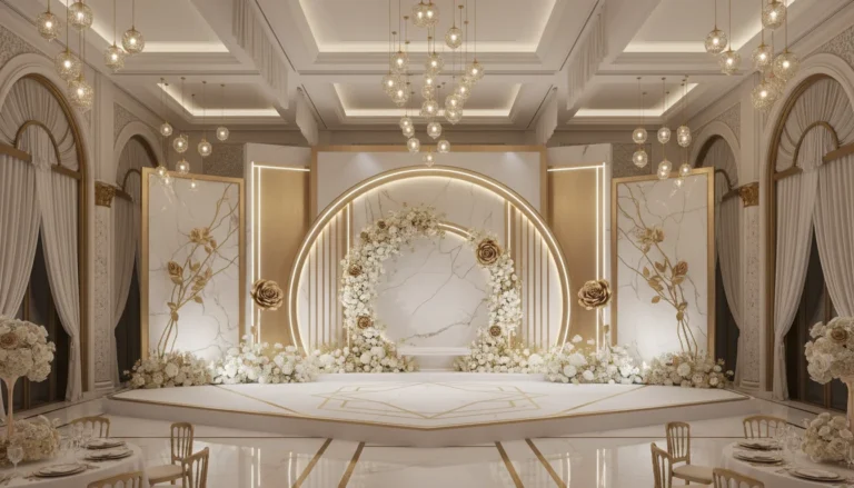 Best Luxury Wedding Planner in Dubai, Luxury event planning services for unforgettable celebrations in Dubai & UAE. | luxury white gold wedding stage decoration marble floral arch