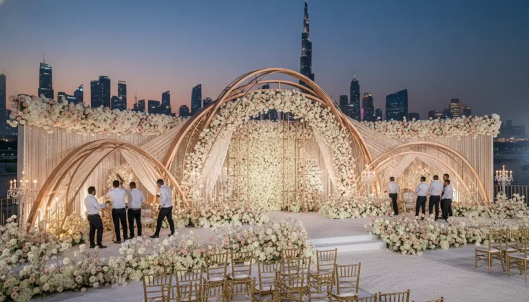 Best Luxury Wedding Planner in Dubai, Luxury event planning services for unforgettable celebrations in Dubai & UAE. | outdoor wedding stage decoration in dubai infront of burj khalifa
