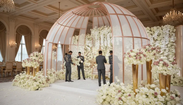 Best Luxury Wedding Planner in Dubai, Luxury event planning services for unforgettable celebrations in Dubai & UAE. | wedding planner working on luxury wedding decoration on a weddng stage decoration