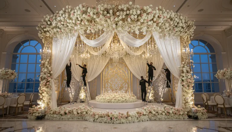 Best Luxury Wedding Planner in Dubai, Luxury event planning services for unforgettable celebrations in Dubai & UAE. | working on wedding stage deocration in a wedding arch in dubai