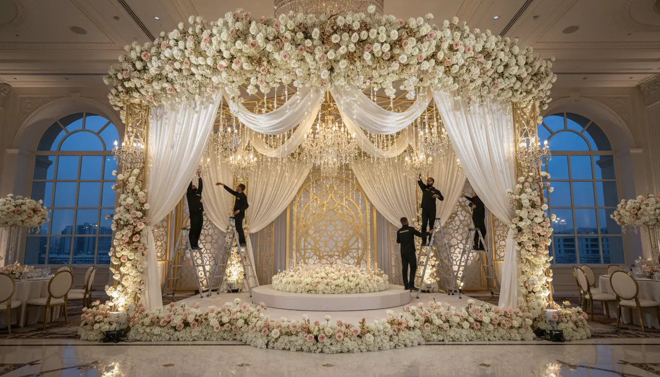Best Luxury Wedding Planner in Dubai, Luxury event planning services for unforgettable celebrations in Dubai & UAE. | working on wedding stage deocration in a wedding arch in dubai